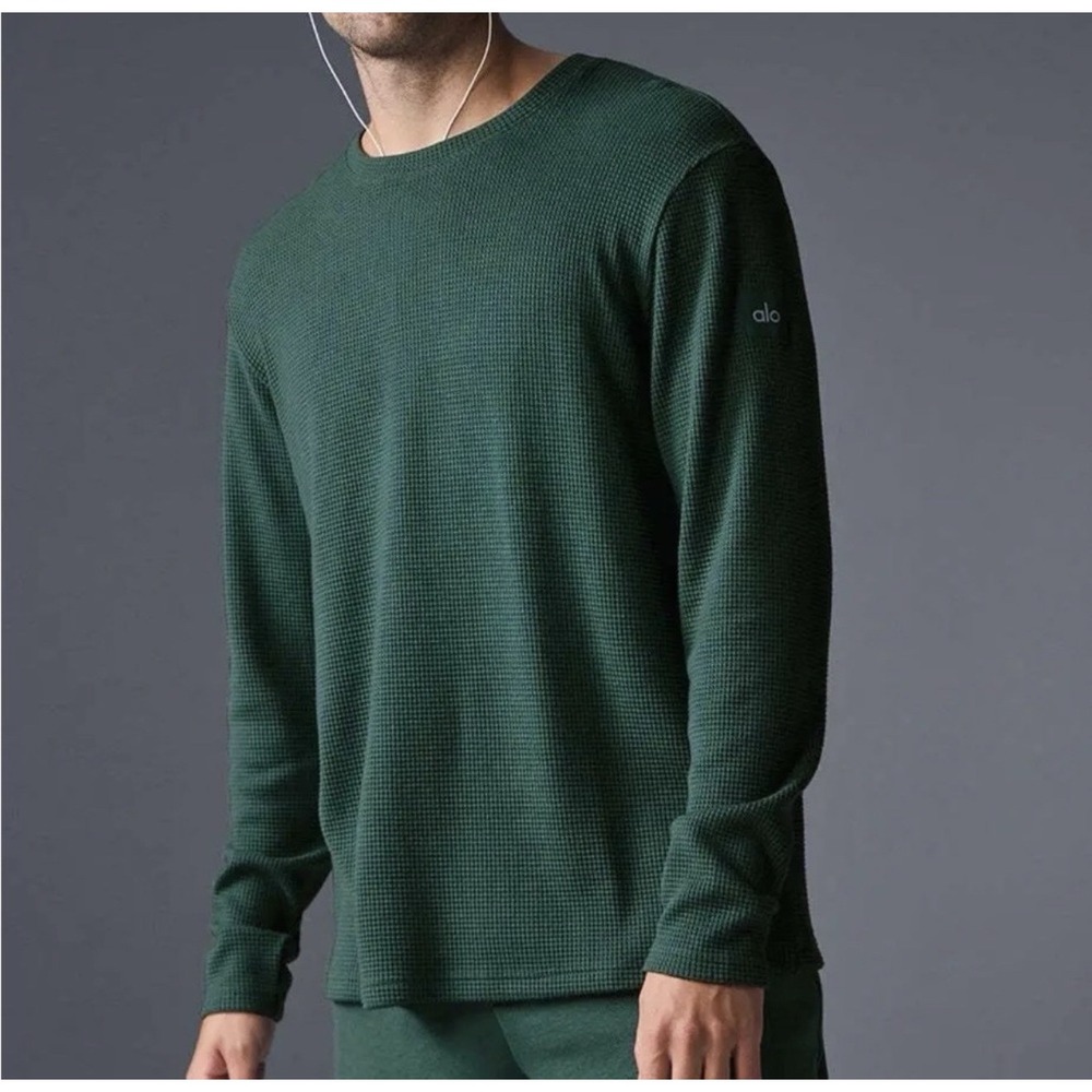 Alo Yoga Elevate Waffle Knit Thermal Long Sleeve Crew Green Ribbed Men's Large